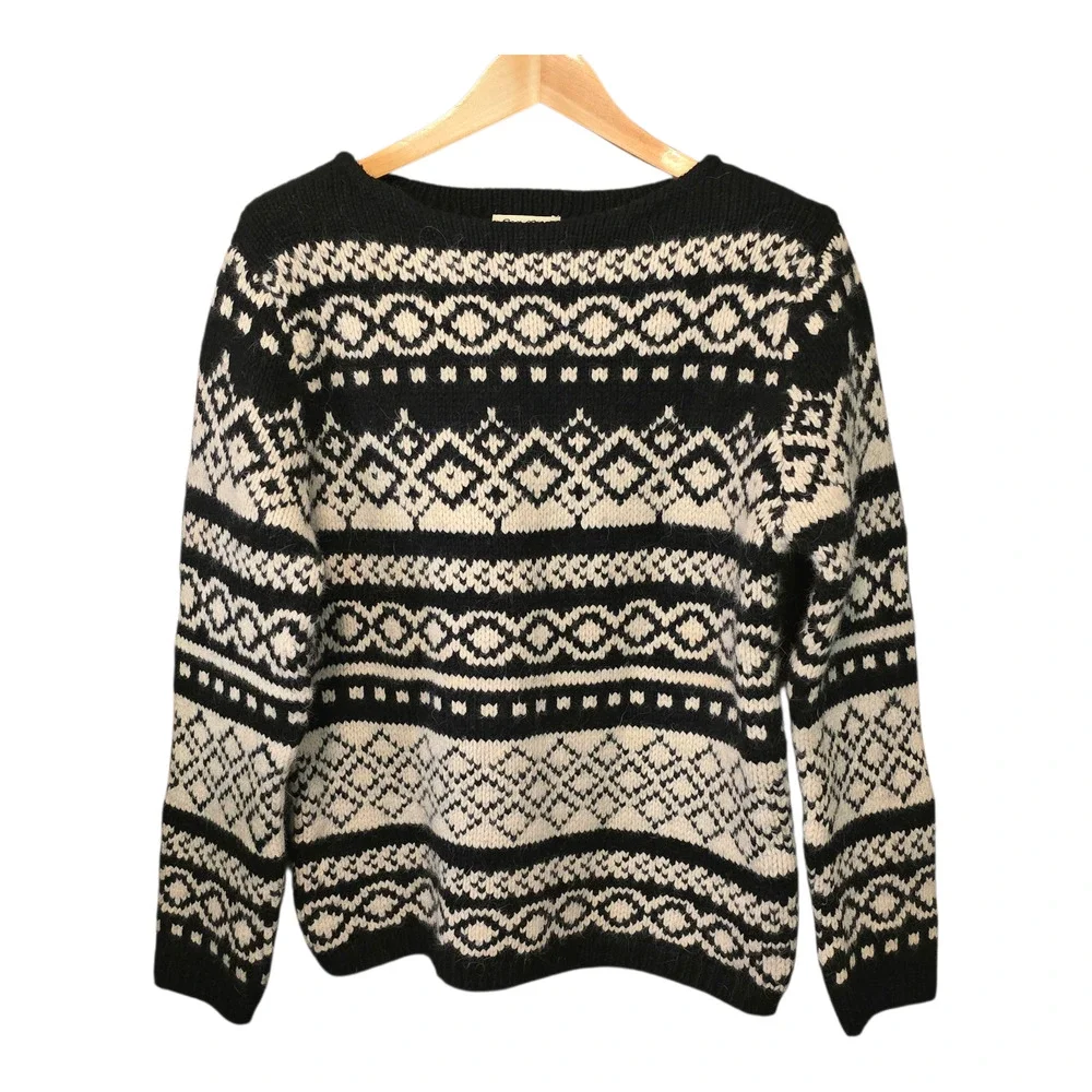 Vintage Eddie Bauer Mens Sweater L Blk Ivy Fair Isle Nordic Wool Angora Gorpcore